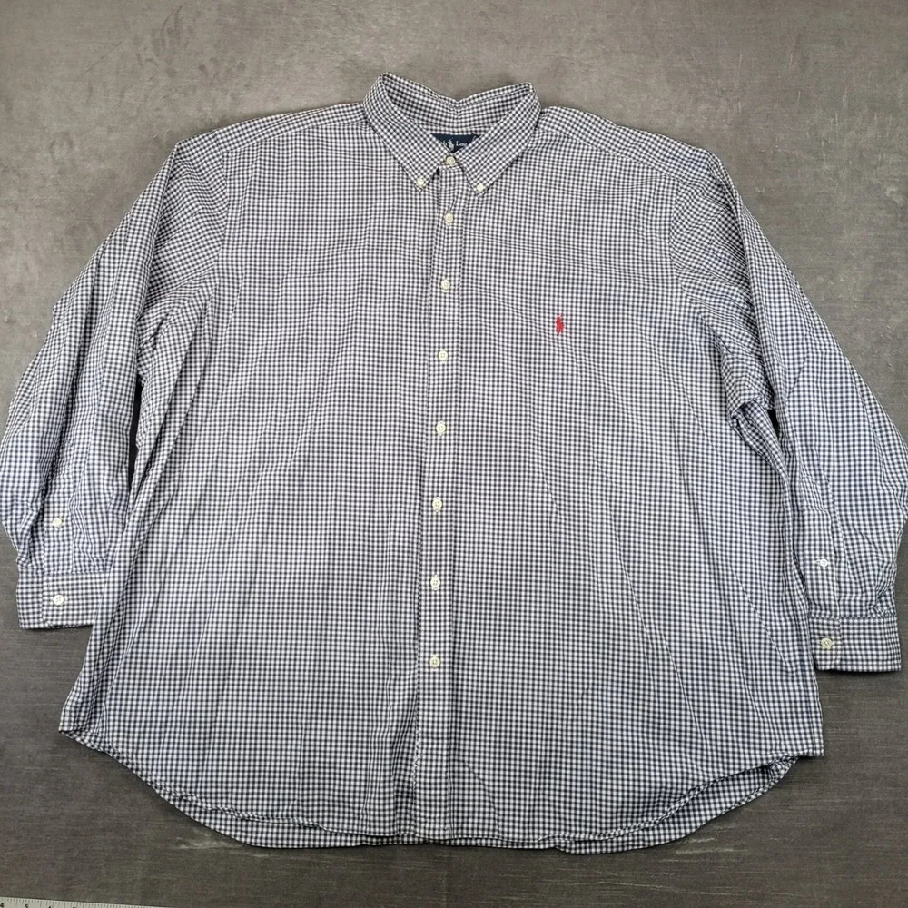 Ralph‎ Lauren Y2K Button Up Shirt Mens 4XB Blue Gingham Classic Fit Long Sleeve